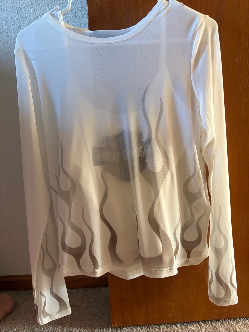 Harley-Davidson Sheer White Long Sleeve Top with Flame Print